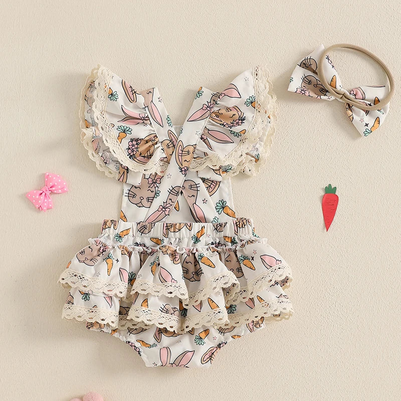 2-Piece Easter Rabbit Print Romper & Headband Set