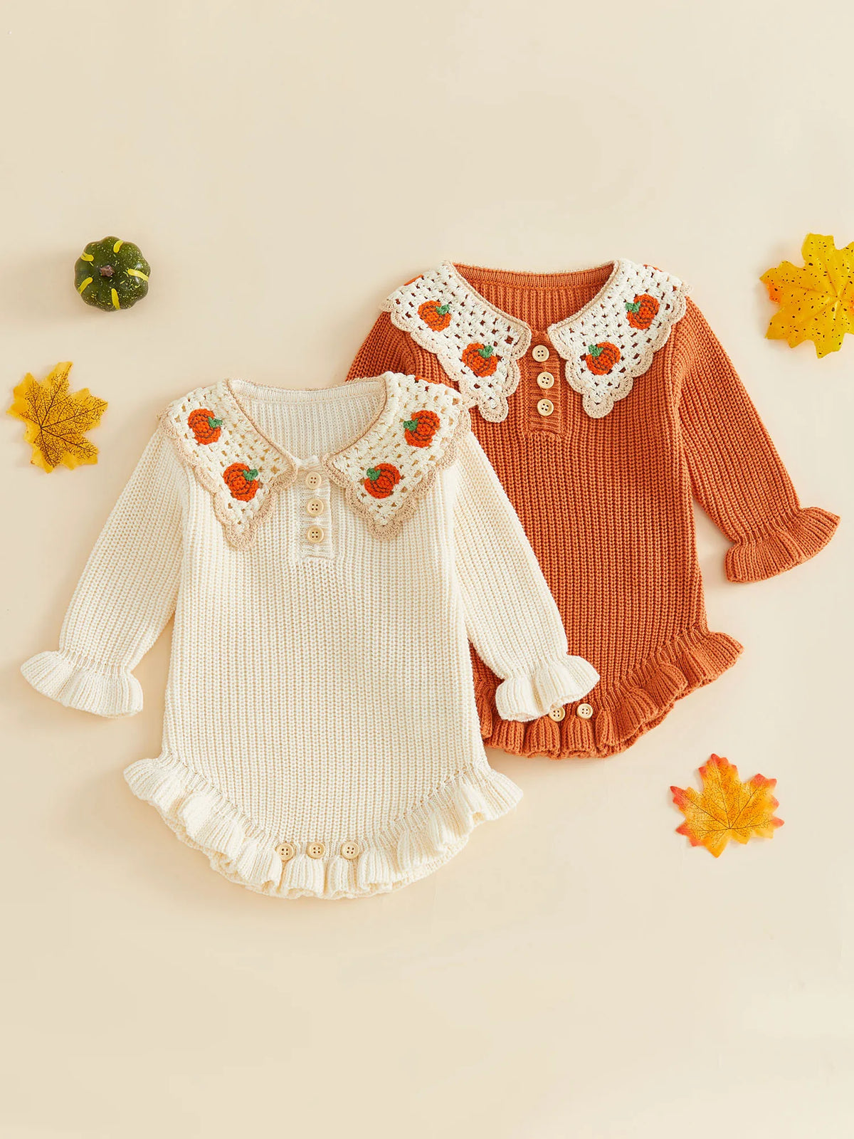 Baby Girl Pumpkin Embroidered Knit Romper