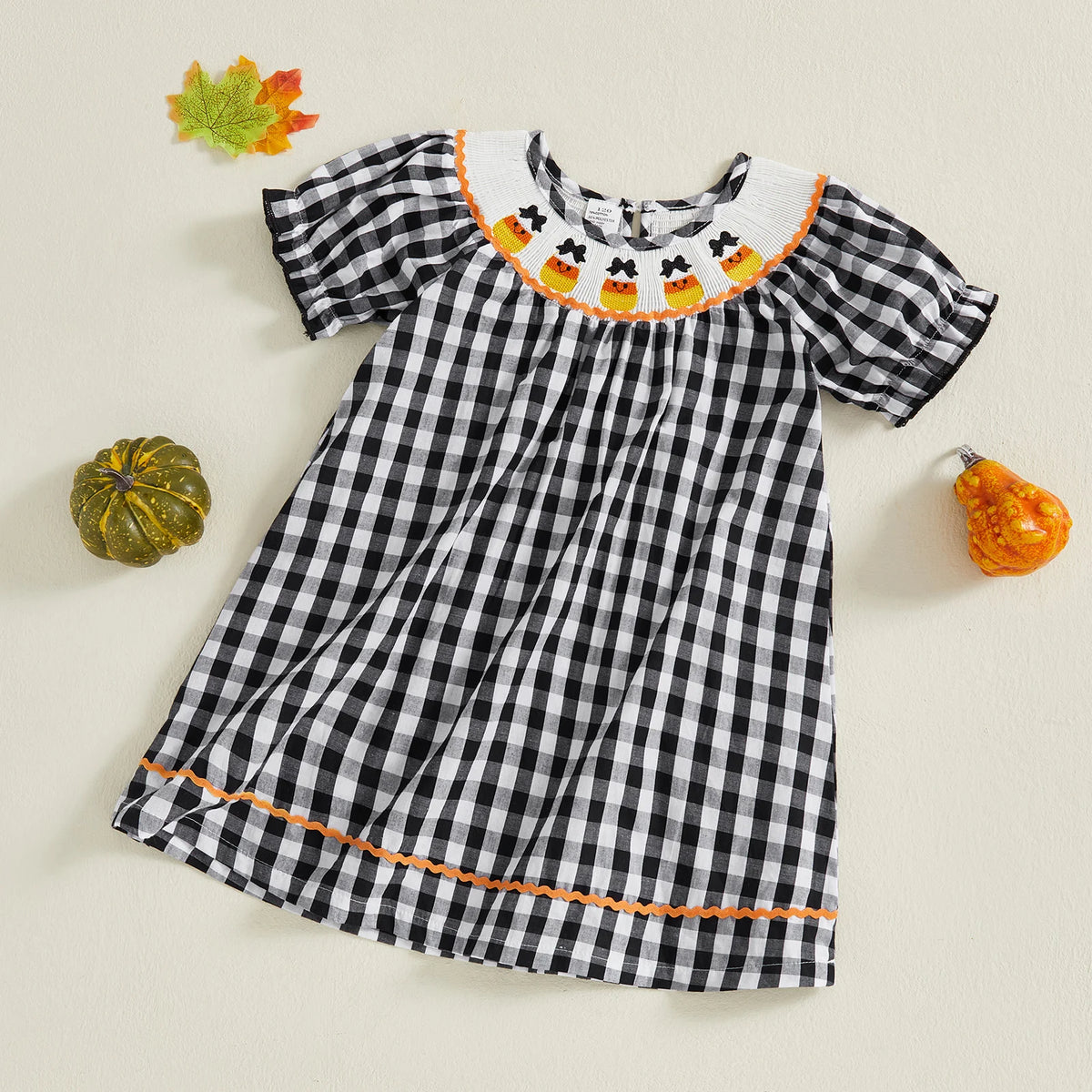 Halloween Plaid Dress with Candy Corn Embroidery