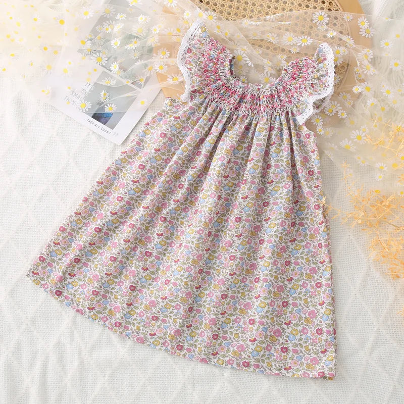 Girls' Summer Smocked Floral Dress with Ruffle Sleeves