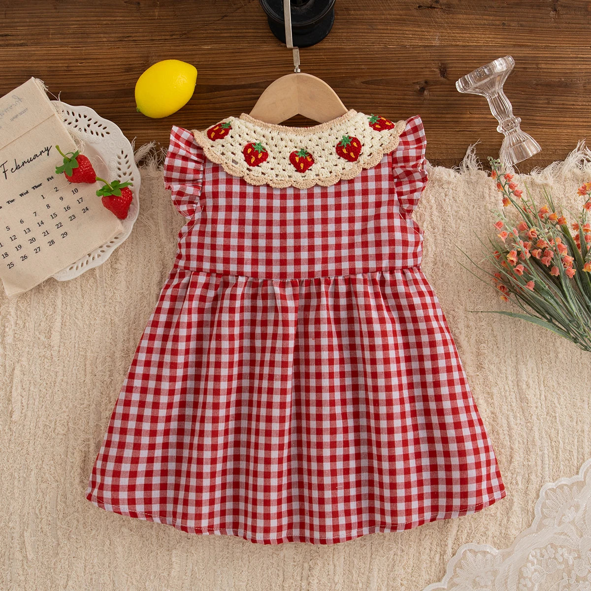 Checkered Dress with Strawberry Crochet Collar