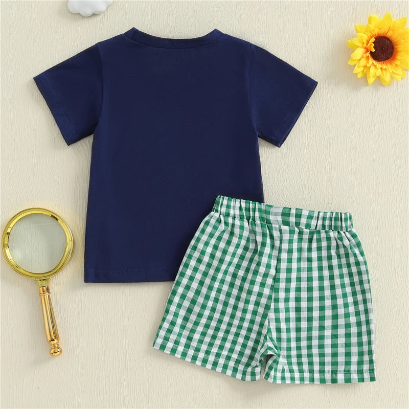 Toddler Boy Tractor Print T-Shirt & Green Plaid Shorts 2-Piece Summer Outfit