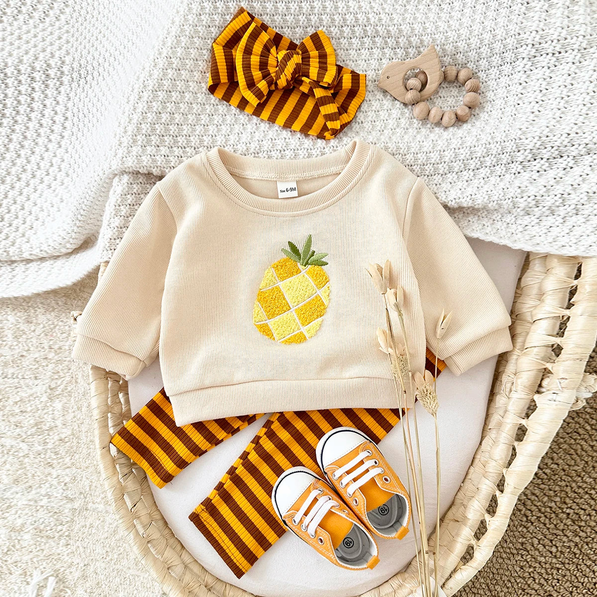 Embroidery Fruit Sweatshirt and Striped Pants Set