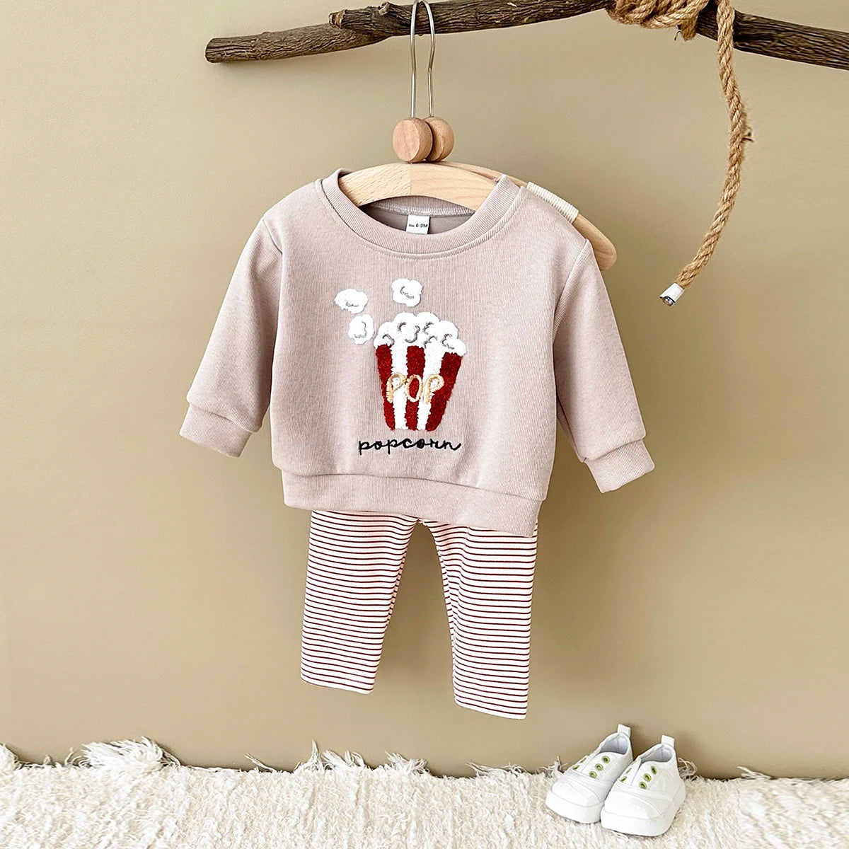 Popcorn Sweatshirt and Striped Pants Set