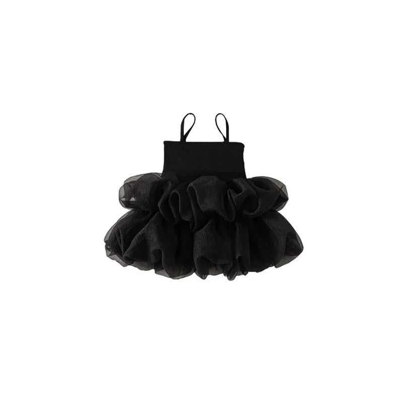 Black Puff Ball Mesh Sling Dress