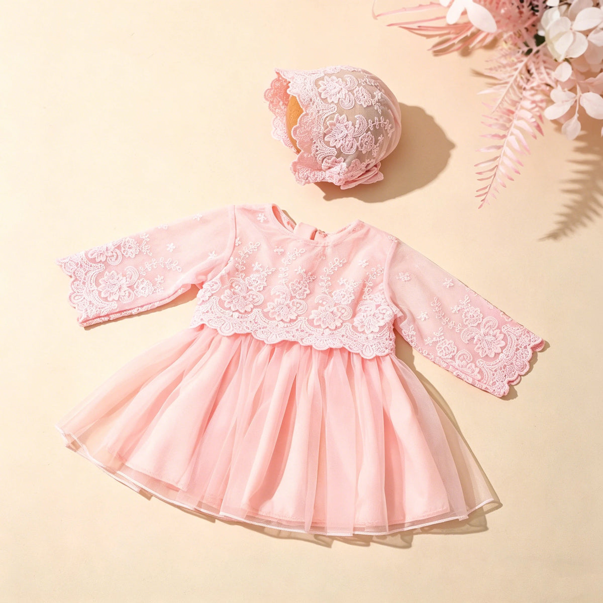 Newborn Princess Lace Tulle Dress with Hat- White Christening Gown