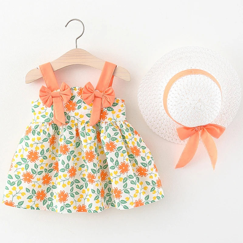 2-Piece Korean Style Floral Dress & Hat Set