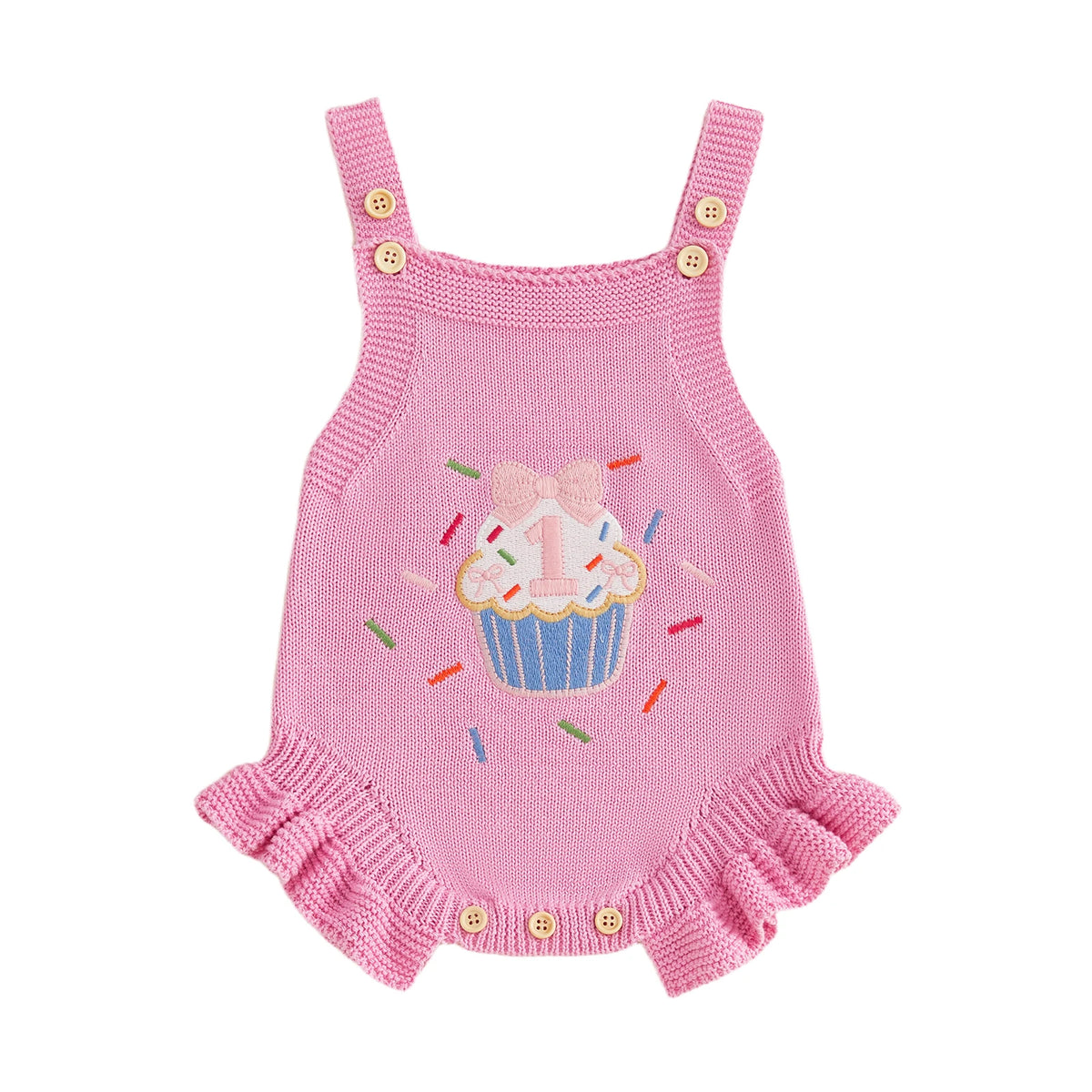 Baby Girl 1st Birthday Knit Bodysuit Embroidery Cupcake 6–18M
