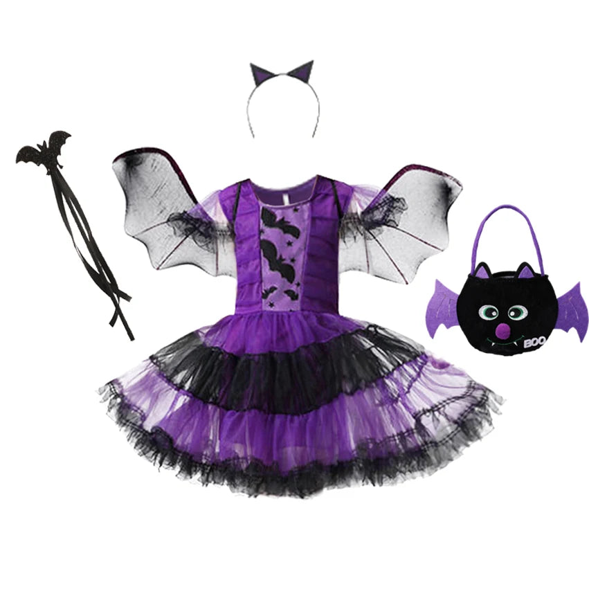 Girl's Purple Bat Costume with Wings and Headband