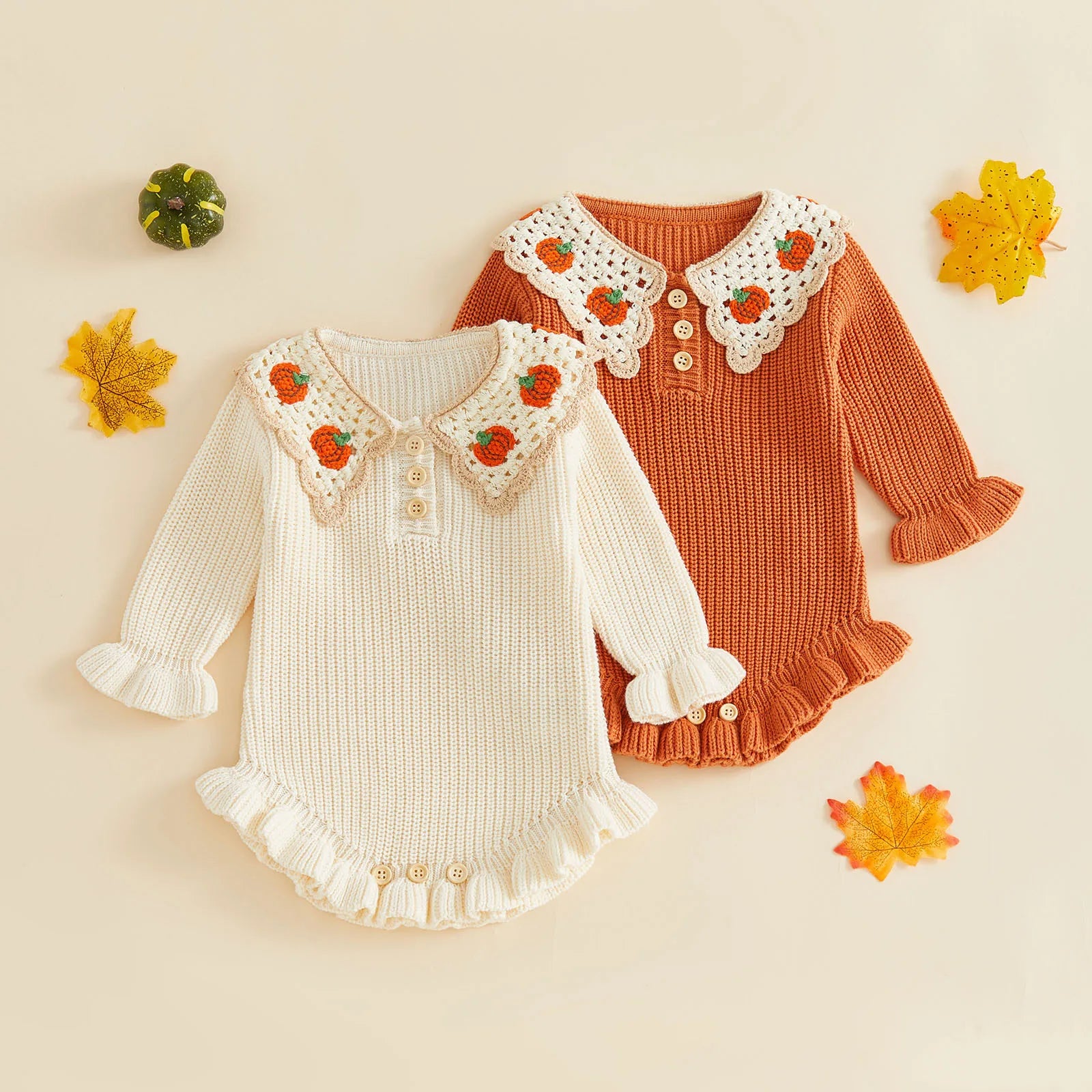 Baby Girl Pumpkin Embroidered Knit Romper