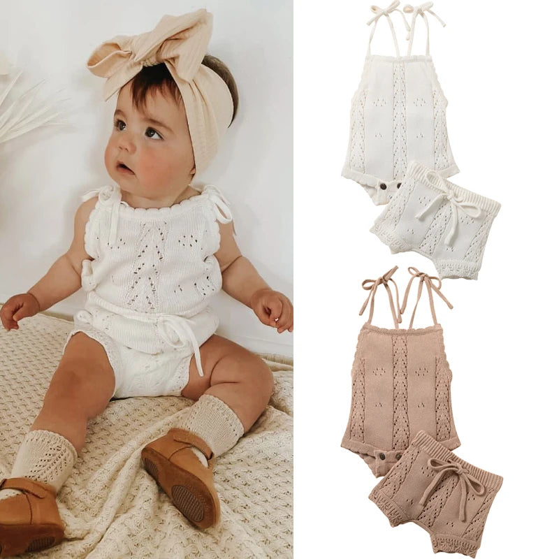 Newborn Baby Girl Sleeveless Knit Bodysuit & Shorts 2-Piece Set