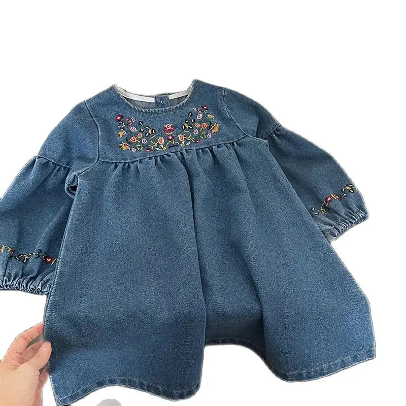 Girls Embroidered Long Sleeve Denim Dress