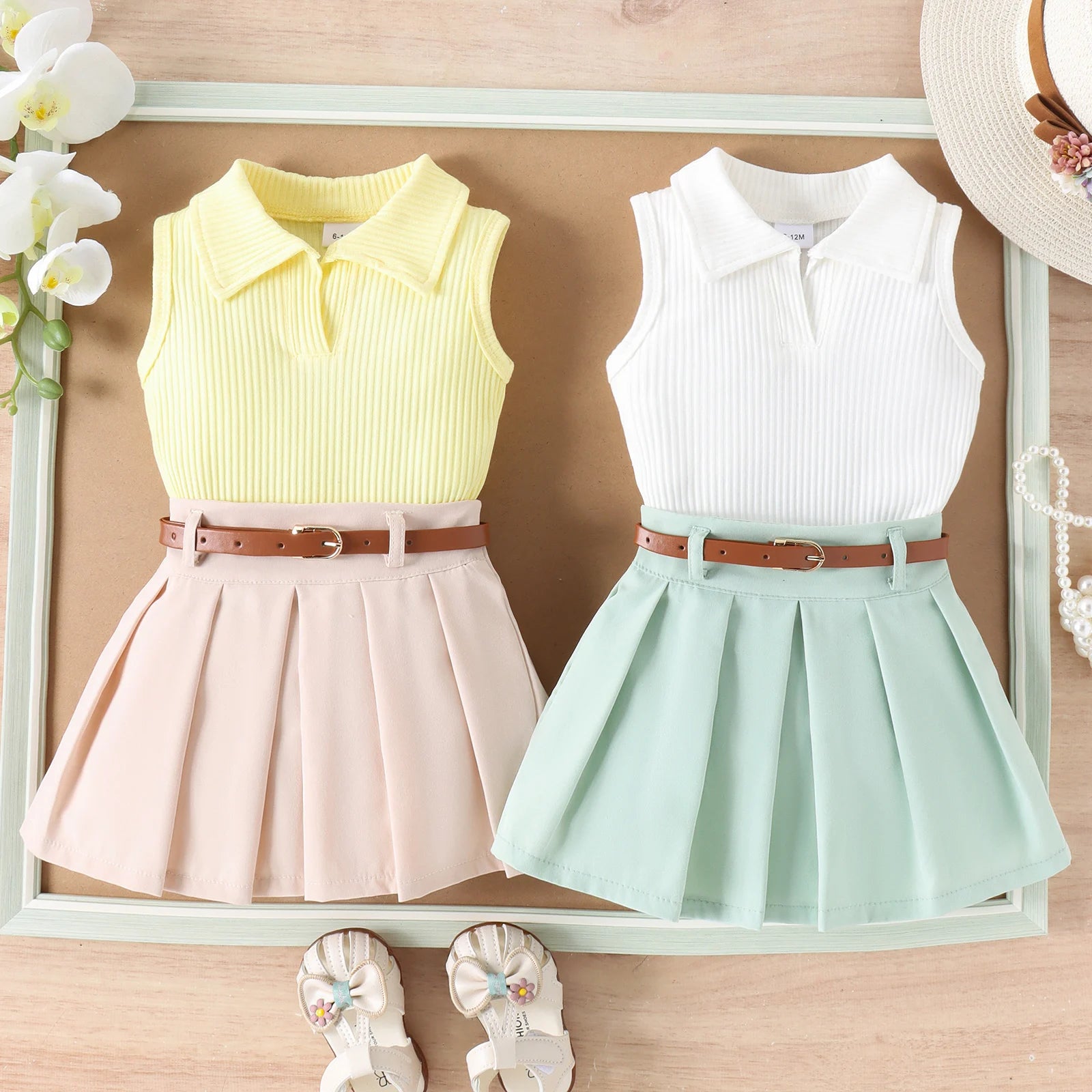 Ribbed Lapel Vest Top and Pleated Skirt Set