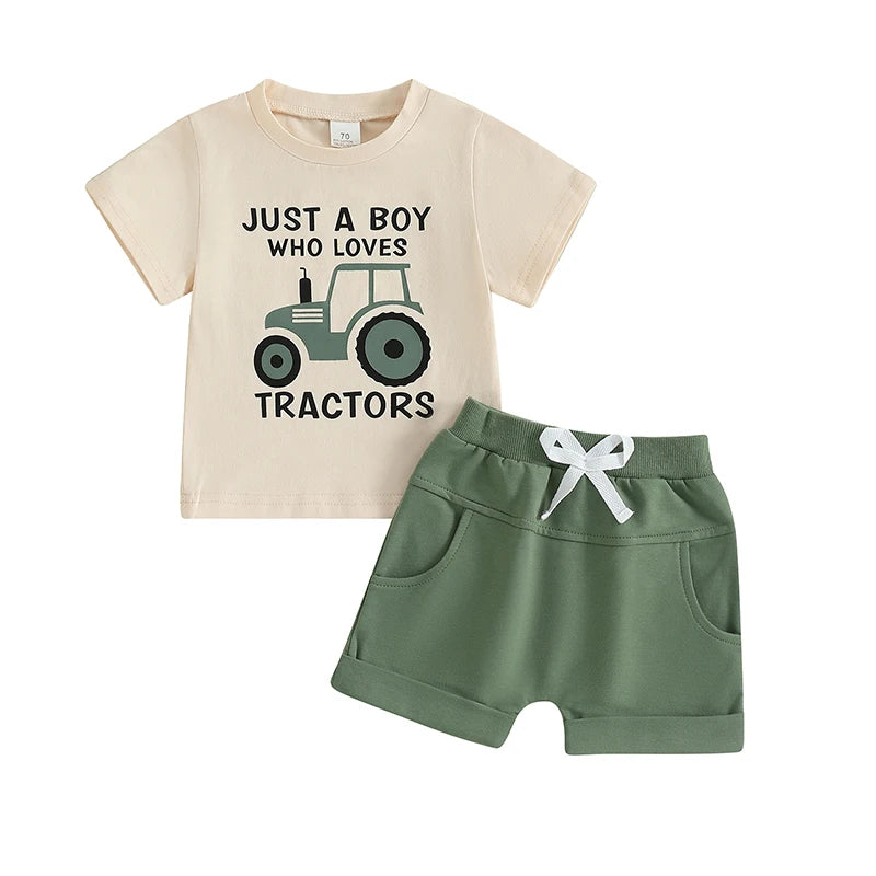 Toddler Boy's Tractor Print T-Shirt & Shorts Outfit
