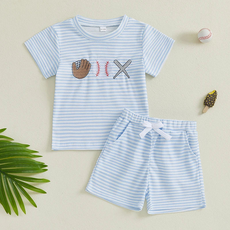 2-Piece Boys' Striped Baseball Embroidery Shorts Set
