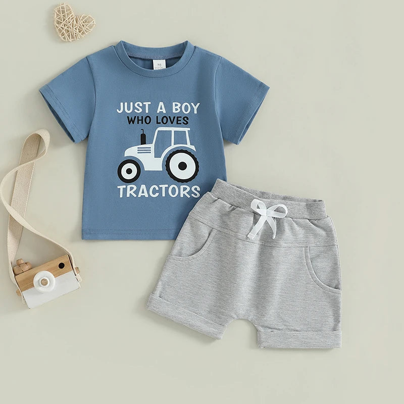 Toddler Boy's Tractor Print T-Shirt & Shorts Outfit