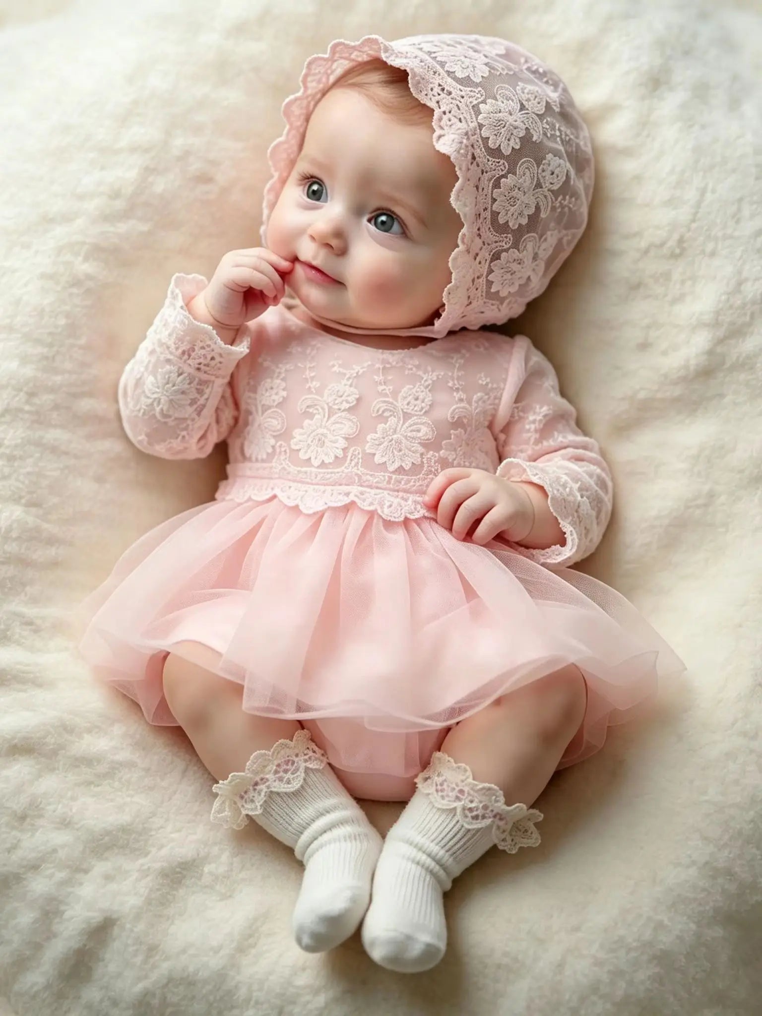 Newborn Princess Lace Tulle Dress with Hat- White Christening Gown