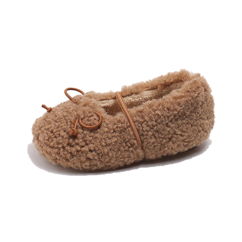 Toddler Girls Winter Mary Jane Flats - Warm Fur Bowtie Shoes