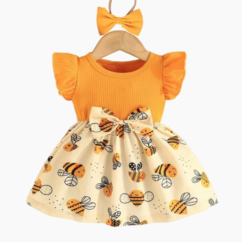 Baby Girl Summer Bee Print Dress with Matching Headband
