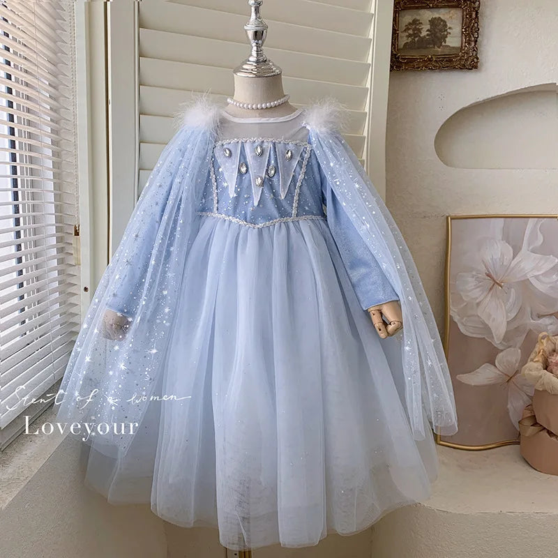 Girls' Blue Princess Dress with Detachable Shawl