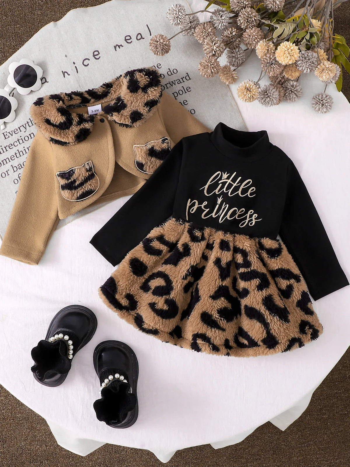 Baby Girl Leopard Plush Dress and Coat Set - Little Princess Winter