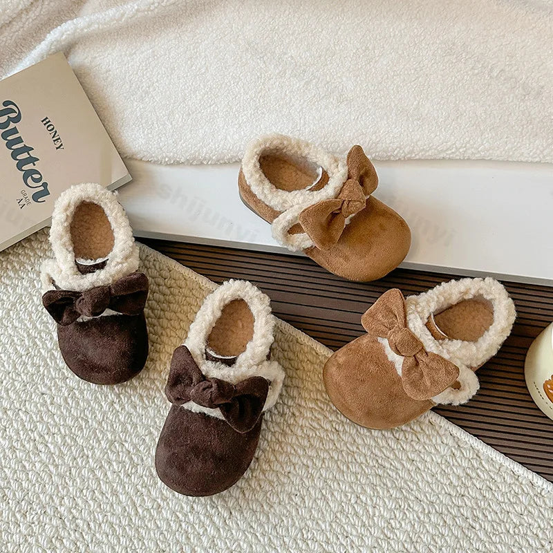 Retro Bow Plush Fur Children's Flats - Warm Fluffy Kids Casual Shoes