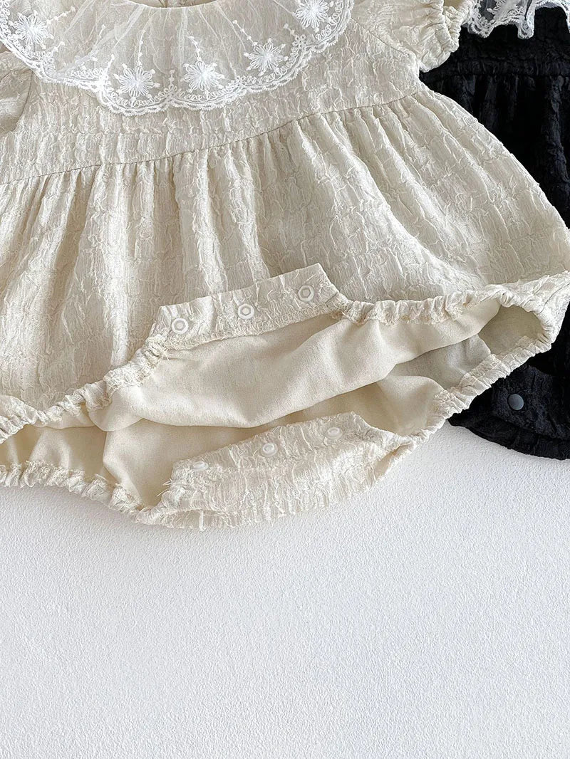 Baby Girl Lace Collar Bodysuit - Embroidered Short Sleeve One Piece