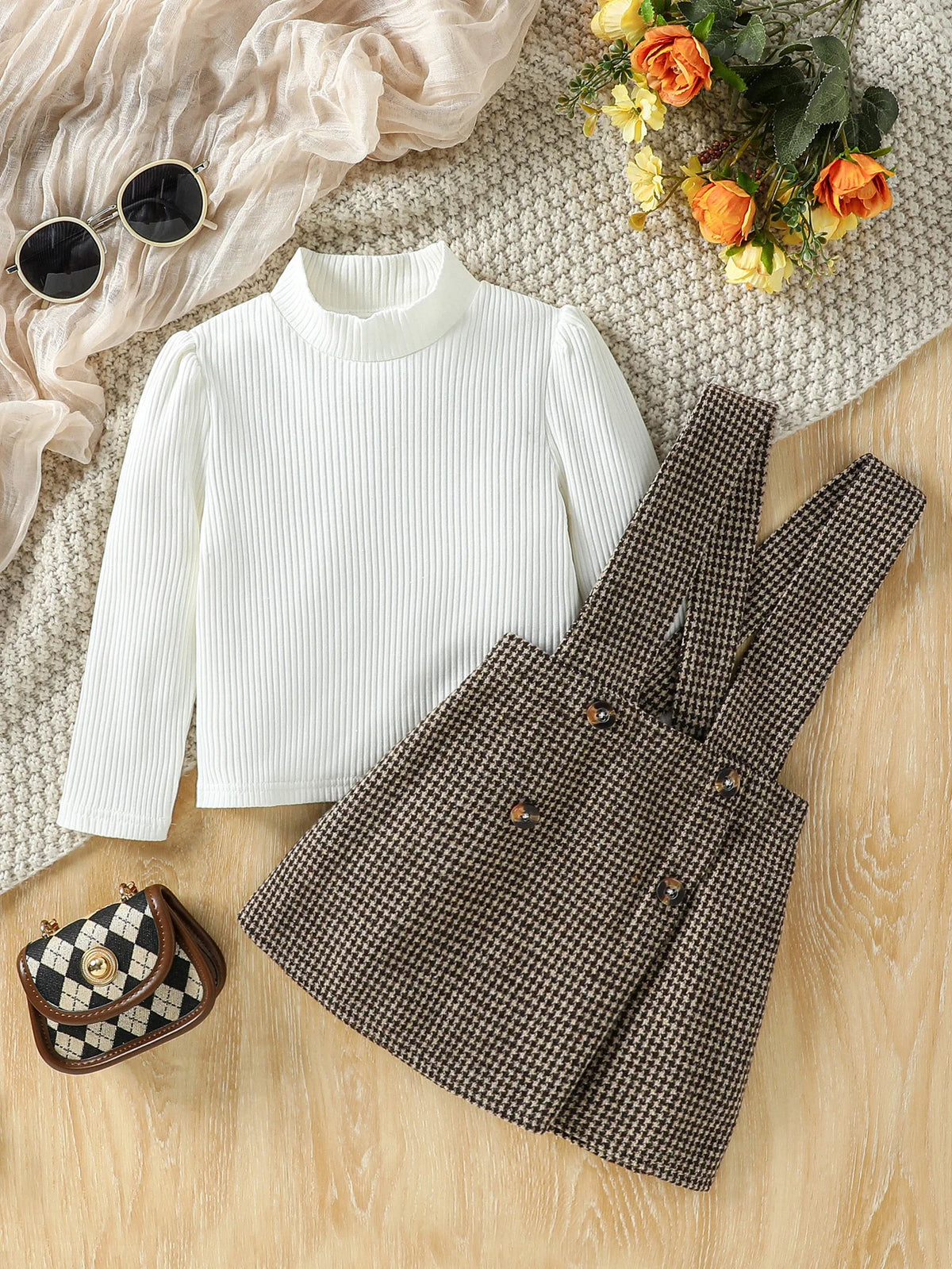 Girl's Plaid Strap Skirt Set - Long Sleeve Top & Skirt Outfit