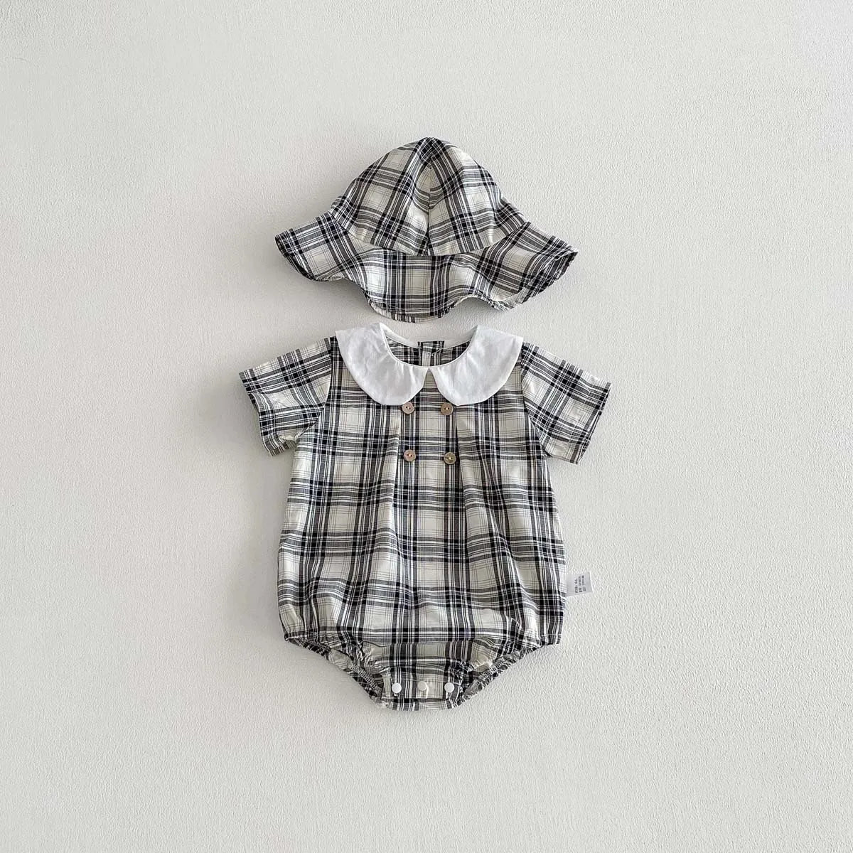 Baby Girl Cotton Checked Bodysuit & Sun Hat Set
