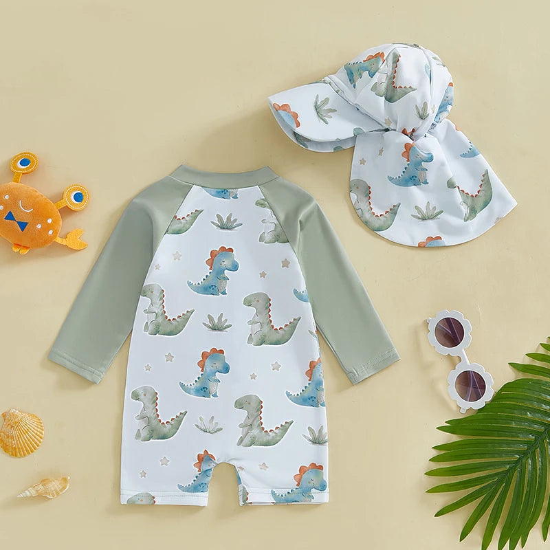 2-Piece Toddler Boys' Long Sleeve Rash Guard & Swim Cap Set