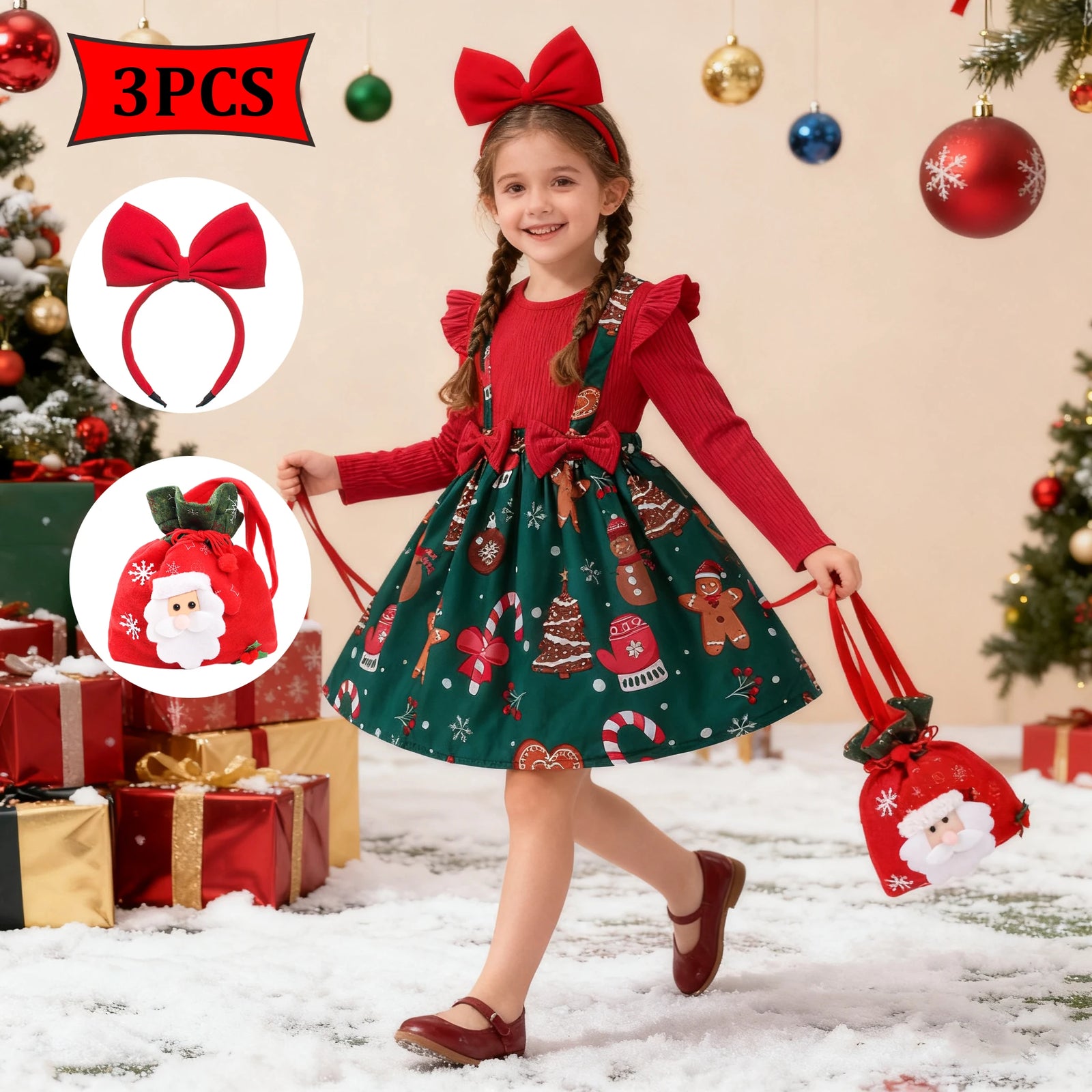 Girls Christmas Print Ruffle Dress