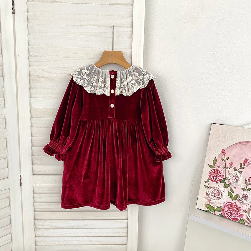 Girls Red Christmas Dress with White Lace Collar