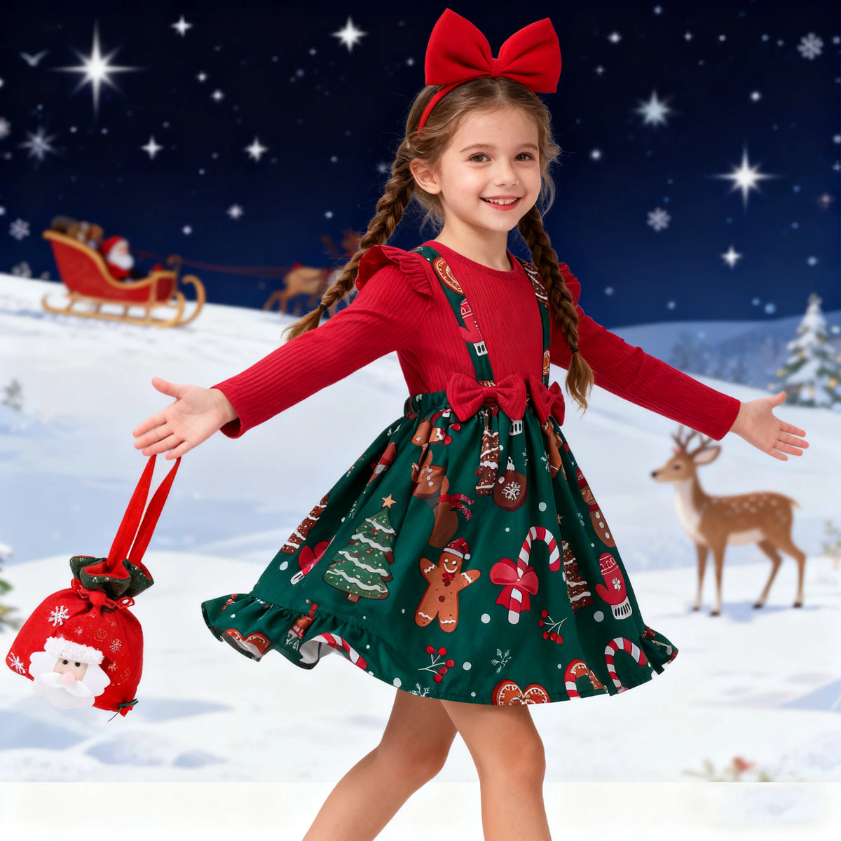 Girls Christmas Print Ruffle Dress