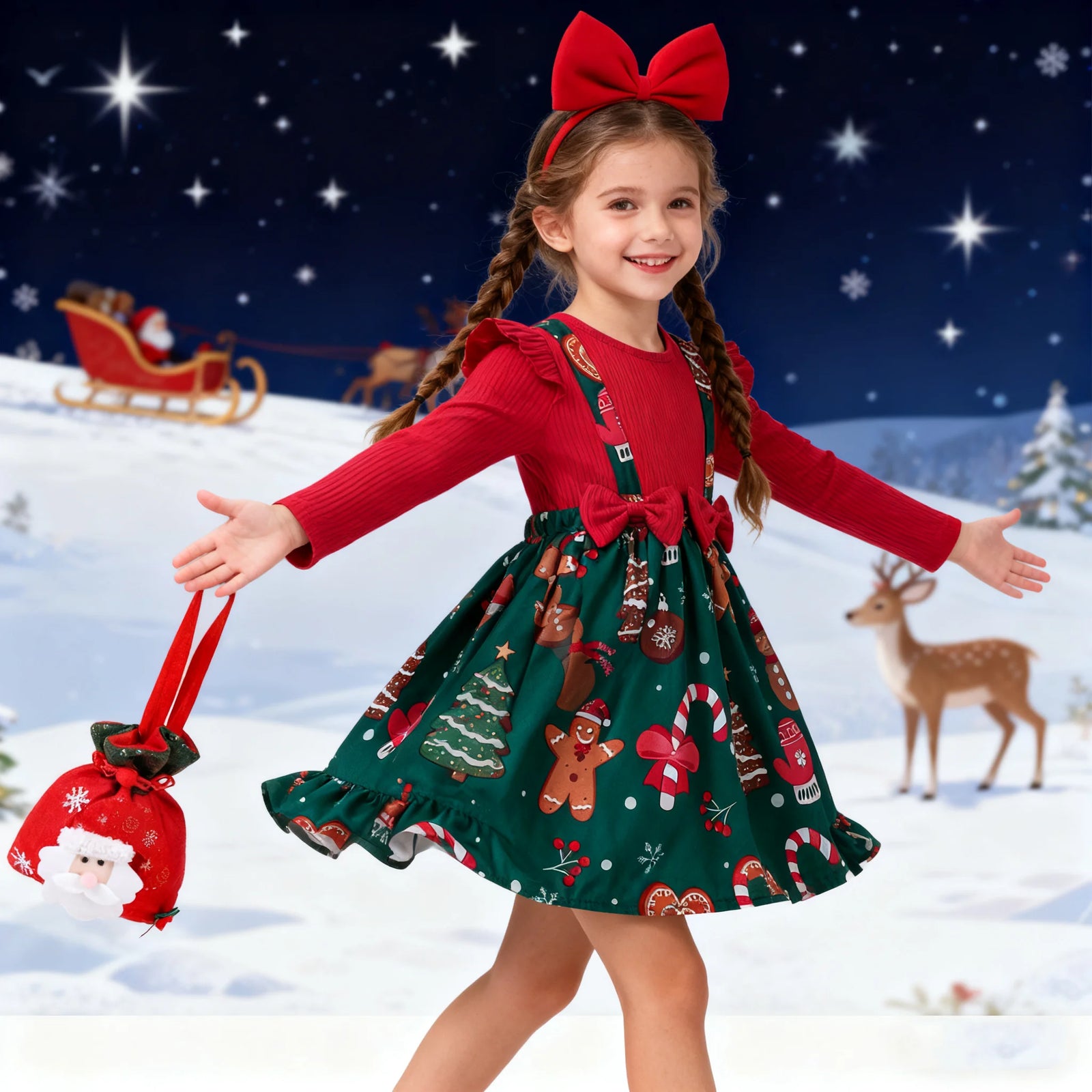 Girls Christmas Print Ruffle Dress