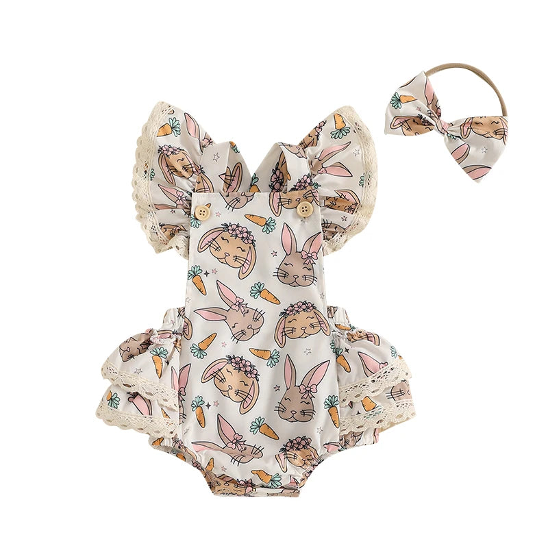 2-Piece Easter Rabbit Print Romper & Headband Set