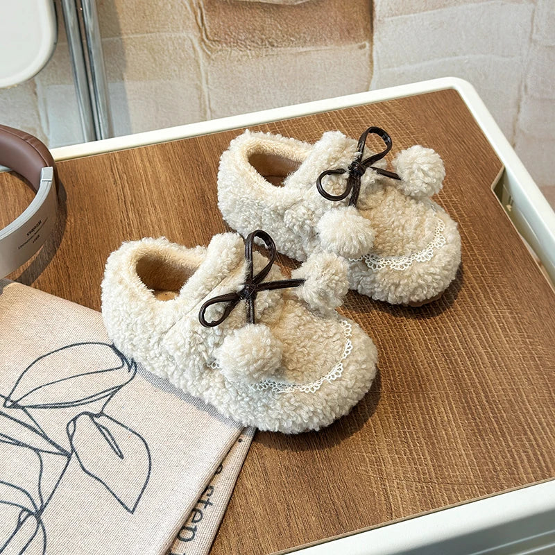 Girls' Fluffy Winter Flats with Pompoms