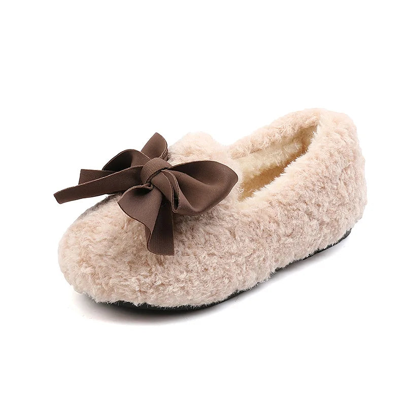 Girls' Fluffy Winter Flats with Bow