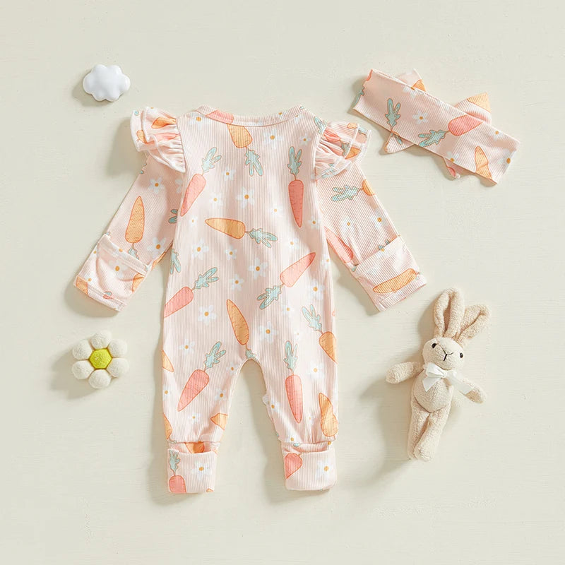 Carrot Print Ruffle Romper & Headband Set