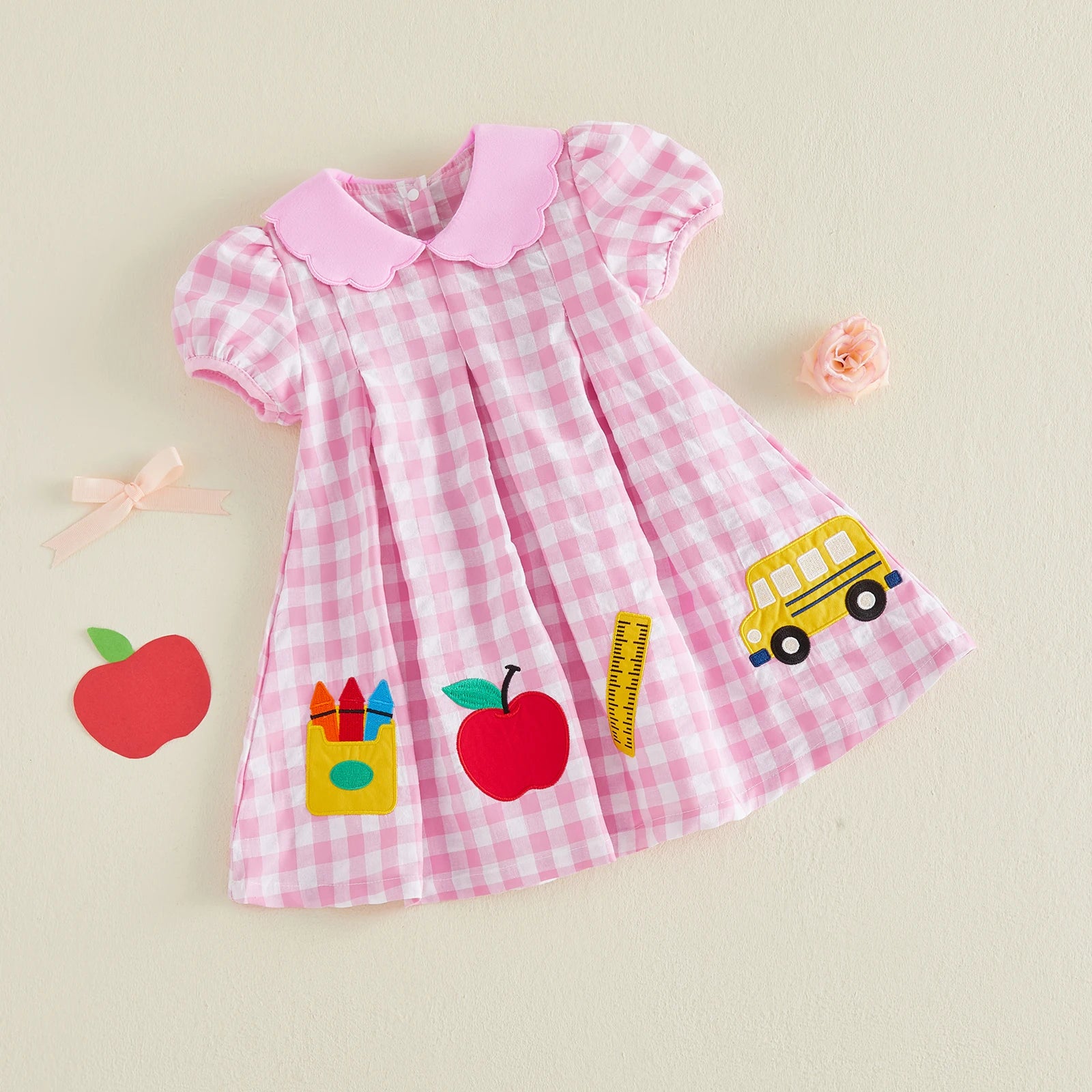 Girls Pink Plaid School Appliqué Puff Sleeve A-Line Dress