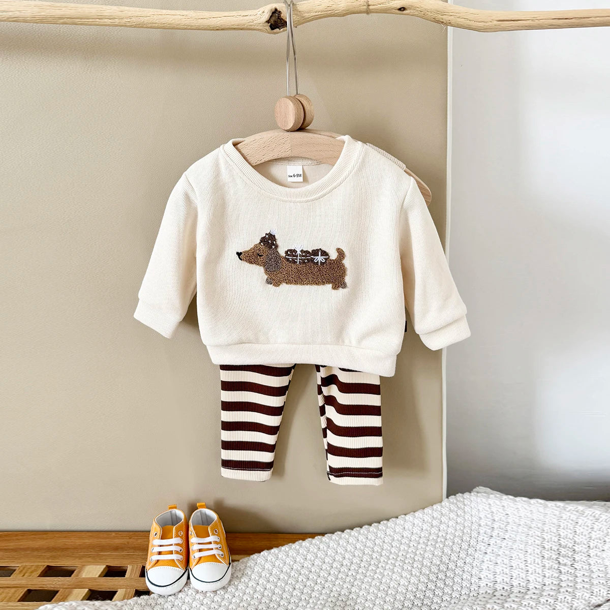 2Pcs Long Sleeve Puppy Top and Striped Pants