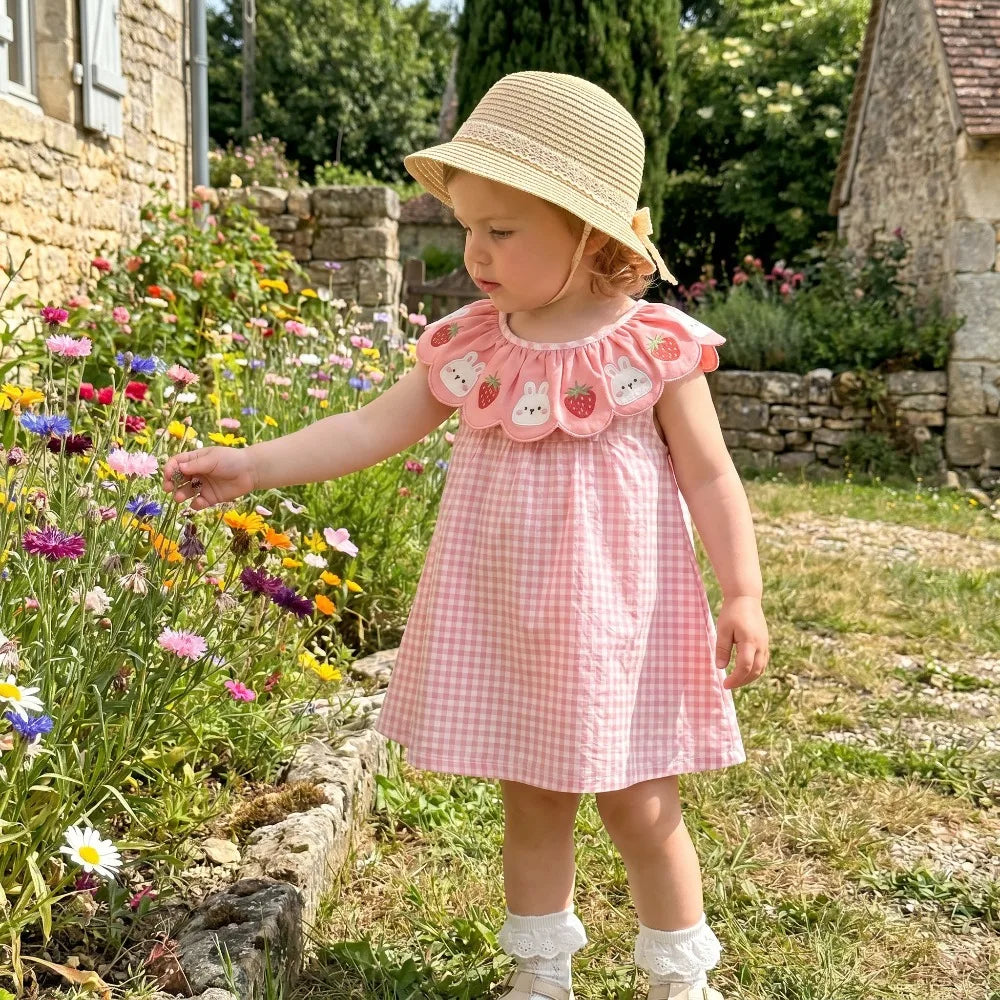 Baby Girl Rabbit Strawberry Floral Plaid Dress | Birthday Party Summer Dress