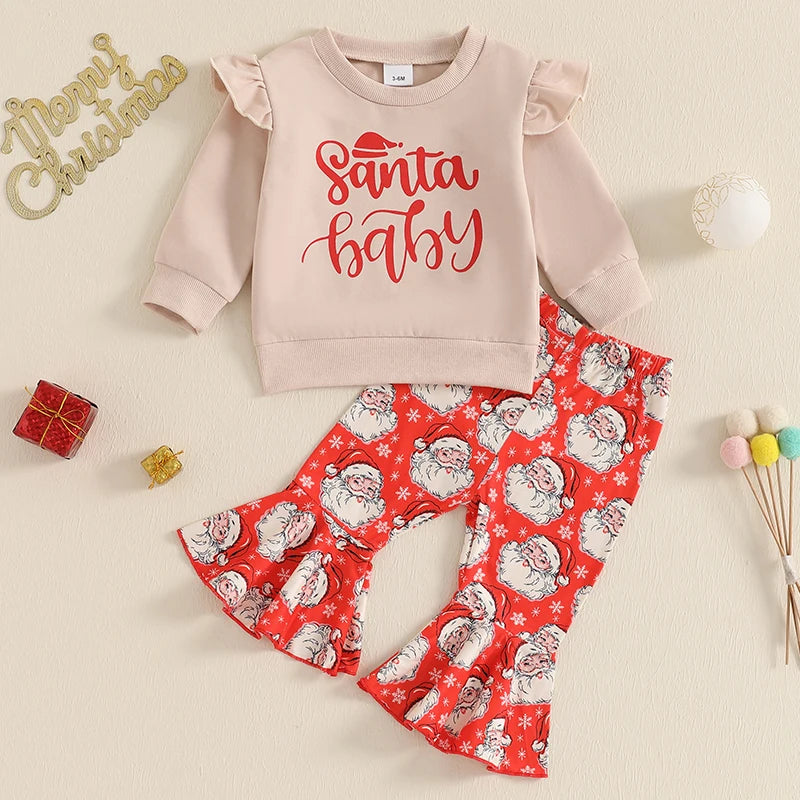Baby Girl Christmas Santa Sweatshirt & Flare Pants Set
