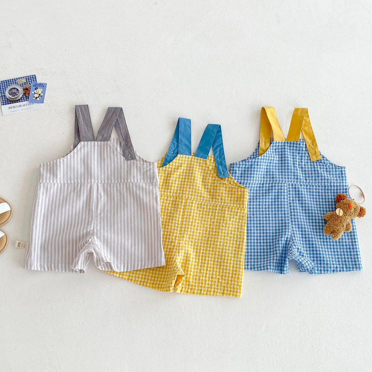 Unisex Checkered Overalls with Bear Embroidery