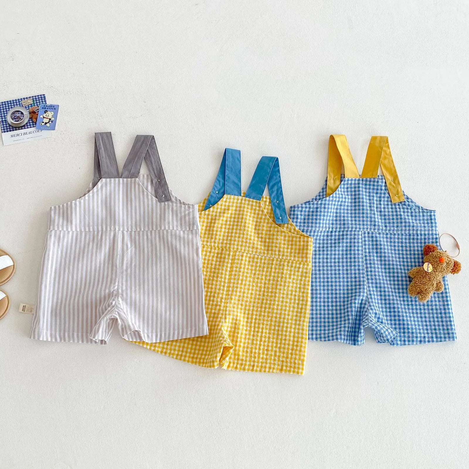 Unisex Checkered Overalls with Bear Embroidery