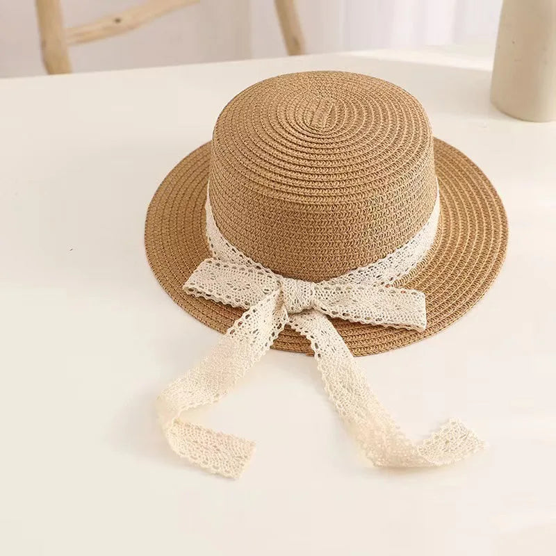 Adjustable Lace Bow Straw Sun Hat for Girls