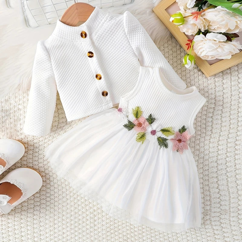 Baby Girl Fall Outfit - Floral Tulle Dress & Cardigan Set