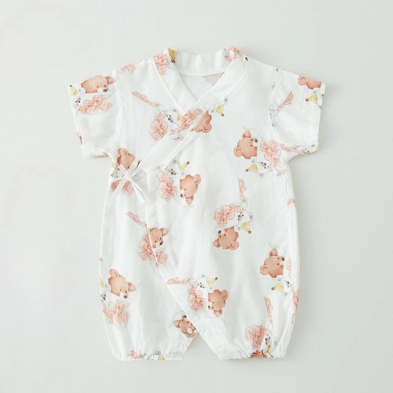 Unisex Baby Bamboo Fiber Cute Printed Short Sleeve Breathable Summer Onesie