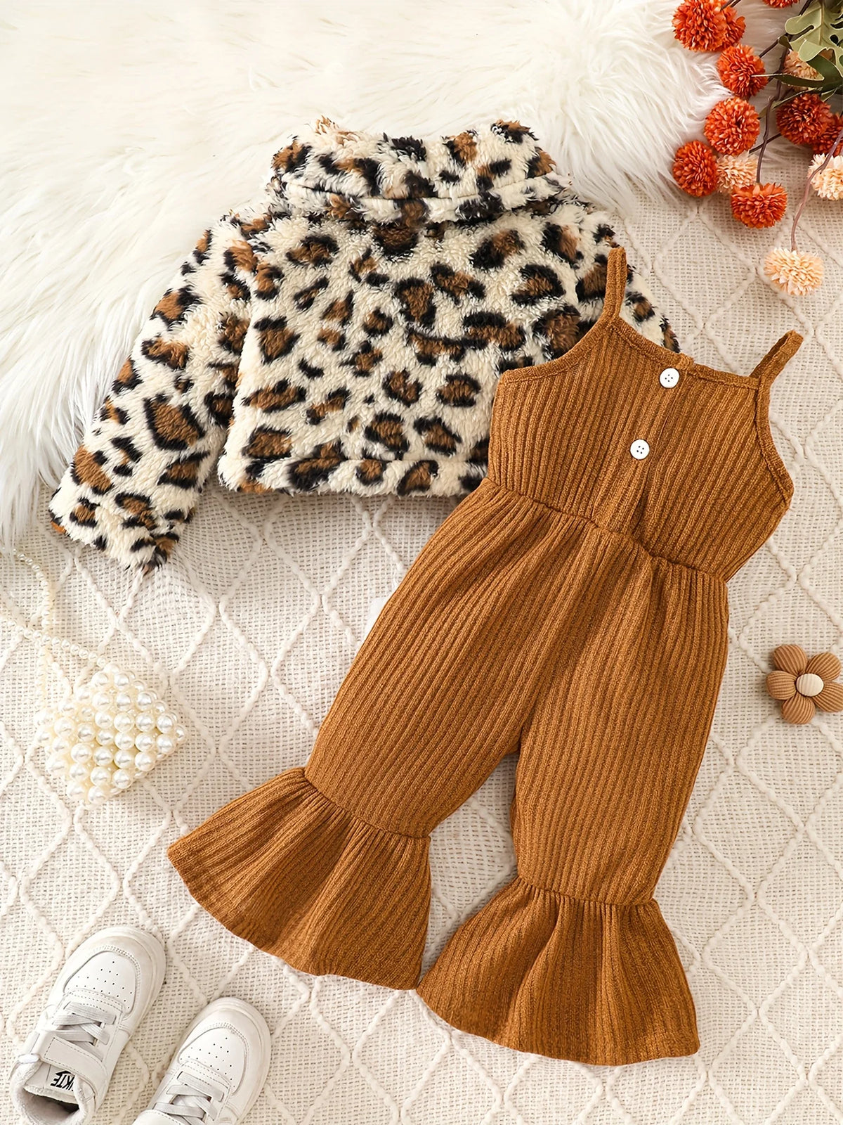 Baby Girl Leopard Faux Fur Jacket & Corduroy Flare Set