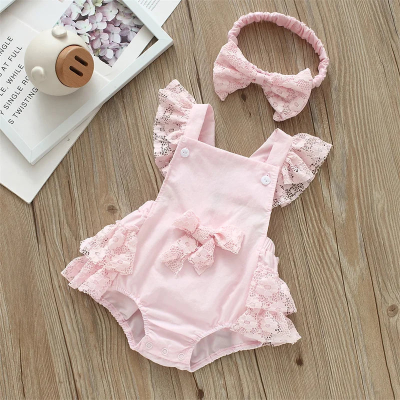 Lace Fly Sleeve Bodysuit & Bow Set for Baby Girls