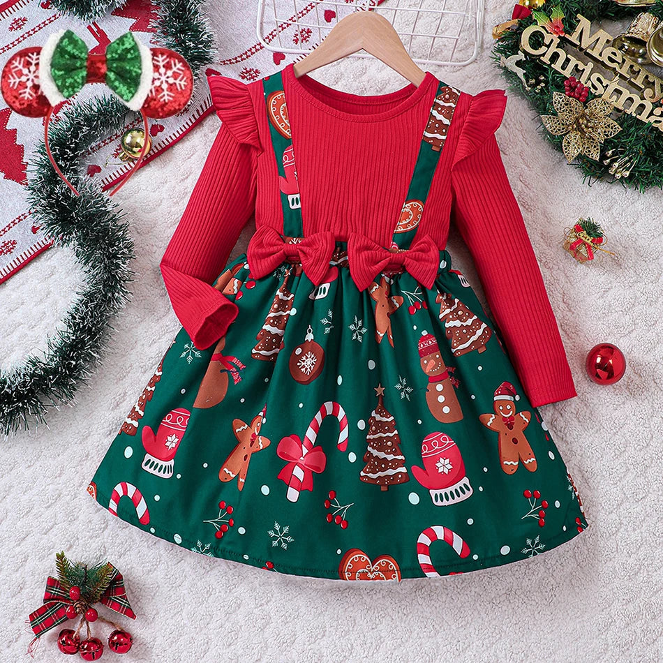 Girls Christmas Print Ruffle Dress
